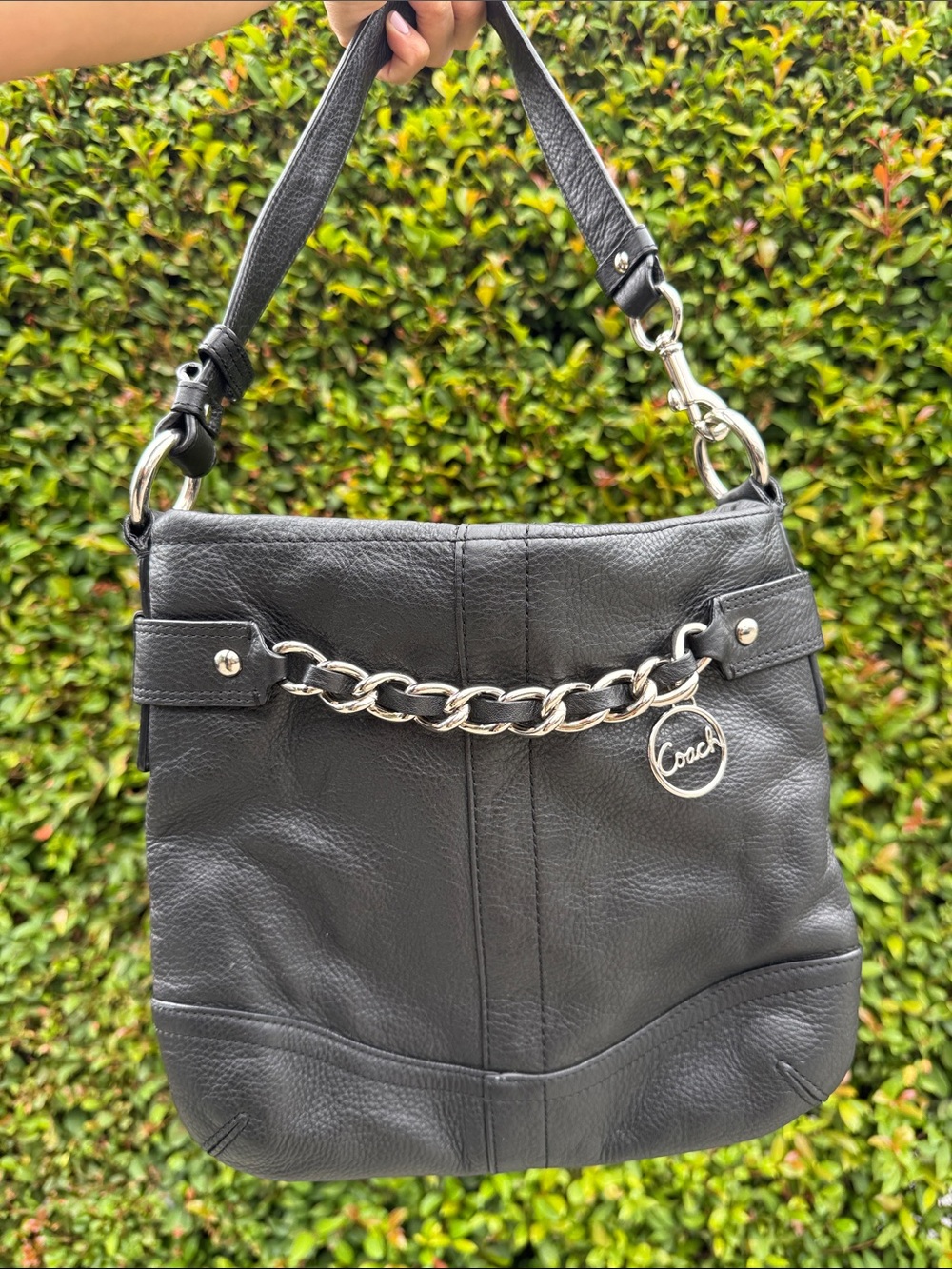 Vintage Coach Black Leather Crossbody Bag with Silver Chain Charm